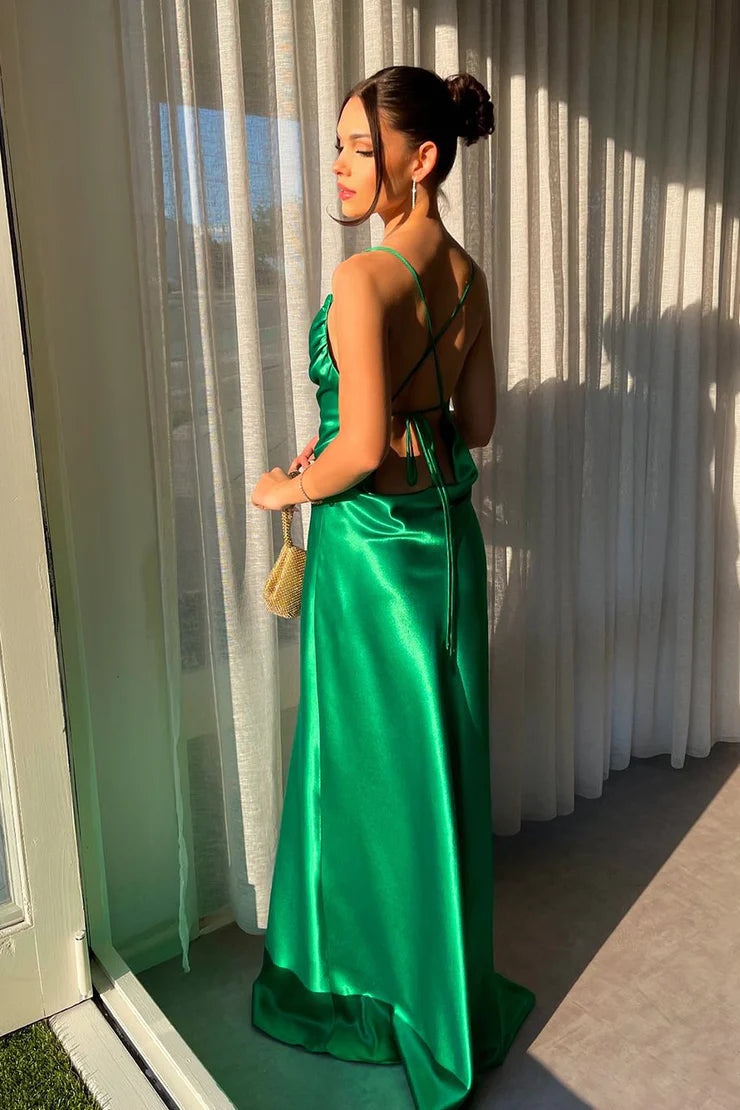 Robe Weitese charmante et élégante, bretelles spaghetti, dos nu, fourreau, col bénitier, robe de bal longue en satin vert